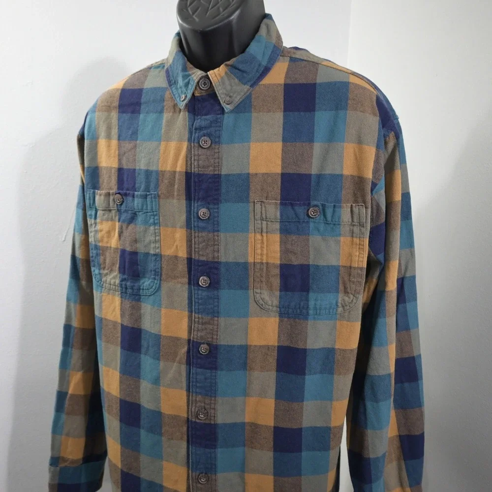 Duluth Trading Co Flannel Button Up Mens XL Tall Relaxed Fit Blue Gold Plaid